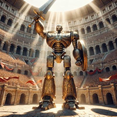 The primary subject of the image is a large robot statue, which is the main focus of the scene. The statue is standing in a large, empty stone building, which serves as the setting for the image. The visual style of the image is digital art, as it appears to be a computer-generated or digitally rendered scene. The colors and mood of the image are predominantly dark and dramatic, with the large robot statue as the central point of interest.